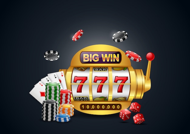 Slot machine 777 con grandi vincite, casinò con chip poker, dadi e carte da gioco.