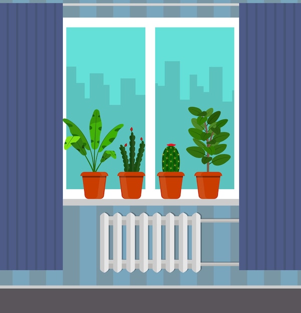 Big window with curtain and plants in pots on the windowsill City outside the window