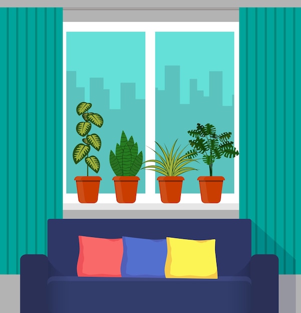 Vector big window with curtain and plants in pots on the windowsill the couch in the foreground