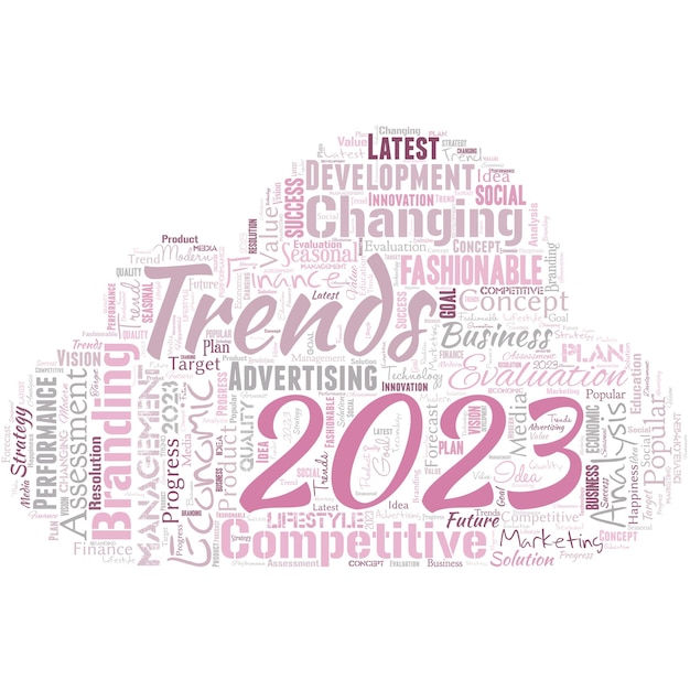 Большое облако слов в форме облака со словами trends 2023 new trends 2023 объект амбиций или усилий человека цель или желаемый результат