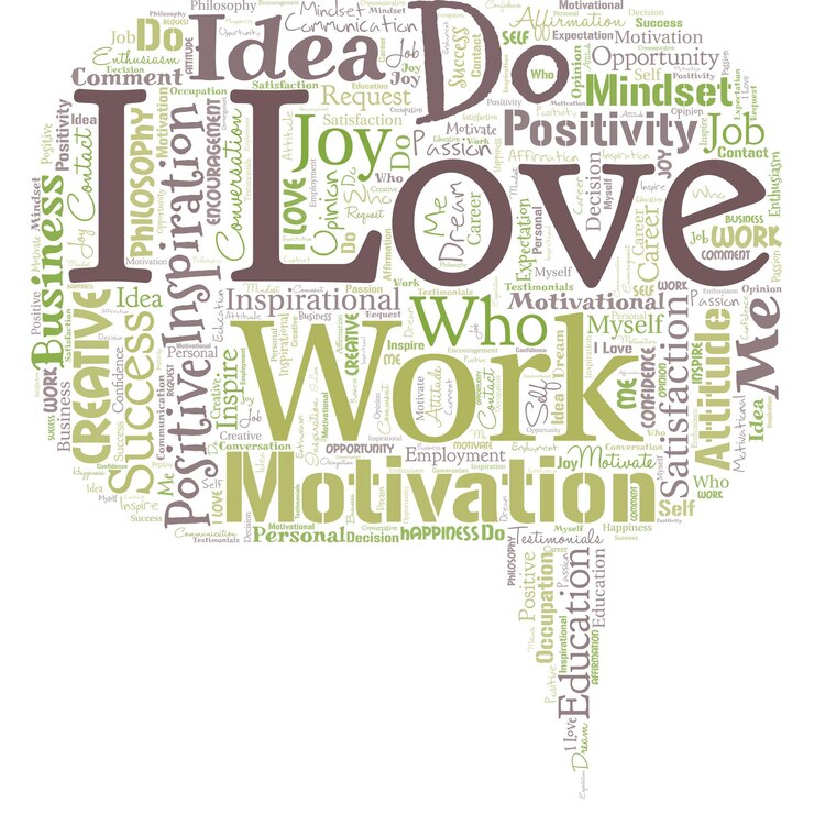 Vector big word cloud in the shape of dialog box with words i love work high selfstem being comfortable with your job be satisfied