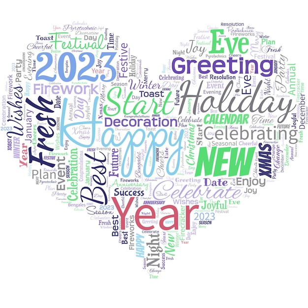 Grande nuvola di parole a forma di cuore con parole felice anno nuovo 2023 saluto celebrando le vacanze inizio fresco i migliori auguri