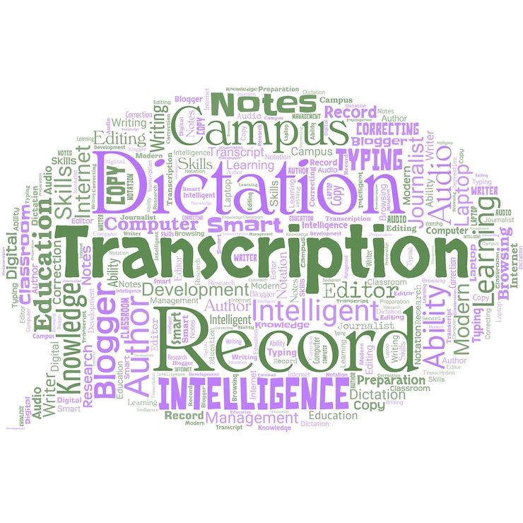 Vector big word cloud in the shape of speech bubble with word transcription written or typing version of something hard copy of audio