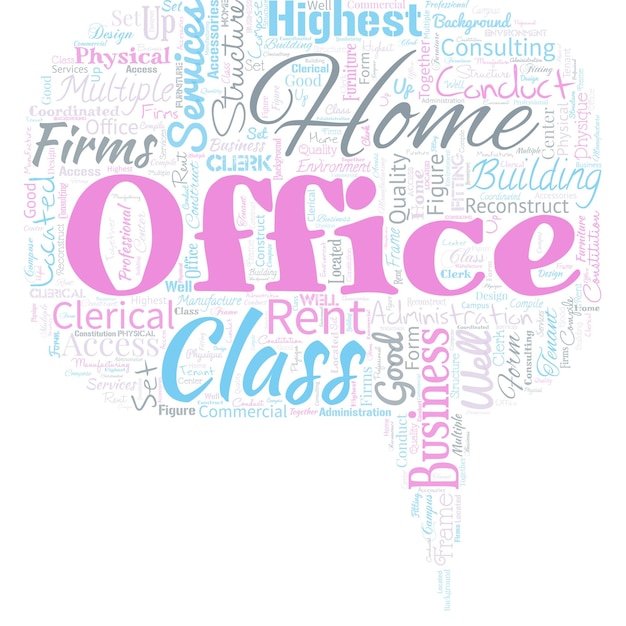 Big word cloud in the shape of speech bubble with words home office Home Officespace designated in a person's residence for official business