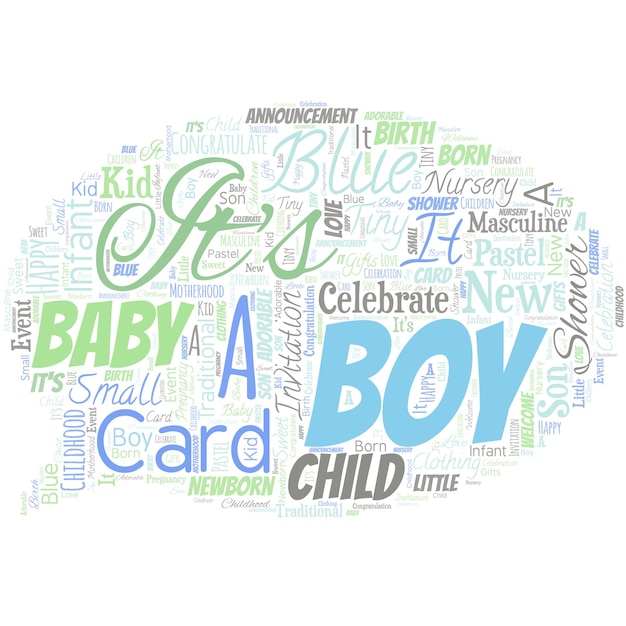 Big word cloud in the shape of speech bubble with words It S A Boy Expecting a male baby cute blue colors a lot of car toys
