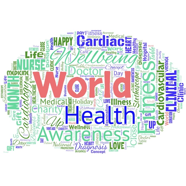 Vector big word cloud in the shape of speech bubble with words world health world day of action dedicated to tackling global hunger