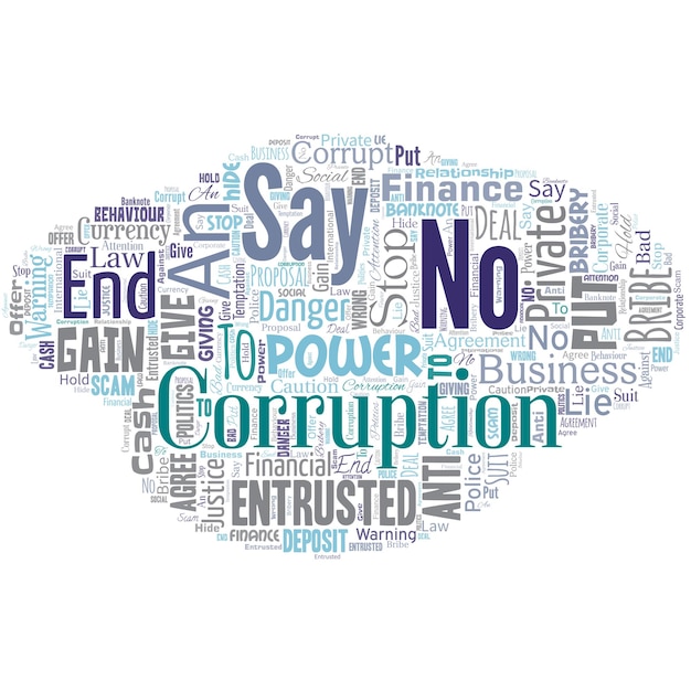 Big word cloud in the shape of ufo with words say no to corruption introducing decentralized money exchange