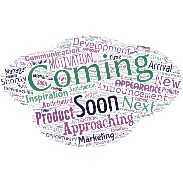 Big word cloud with words coming soon something is going to happen in really short time of period in the future