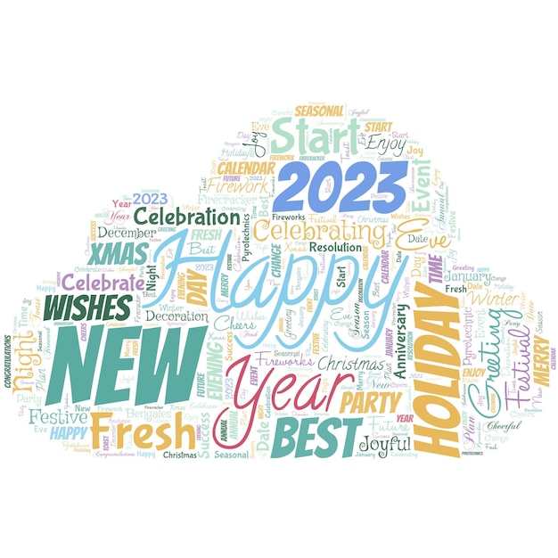 Big word cloud with words Happy New Year 2023 Greeting Celebrating holiday Fresh start Best wishes