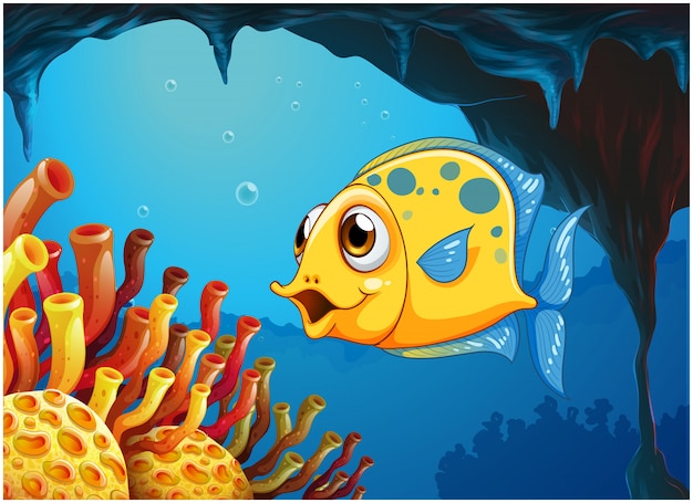 A big yellow fish under the sea inside the sea cave