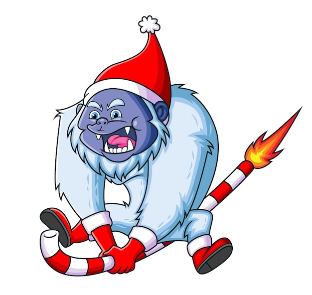 The big yeti is holding the firework candy cane and flying so fast