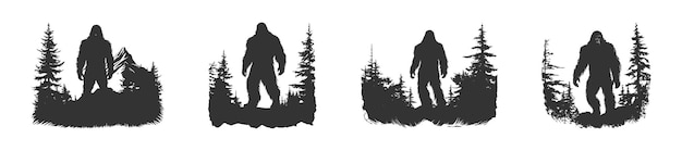 Bigfoot in forest silhouette Vector illustration