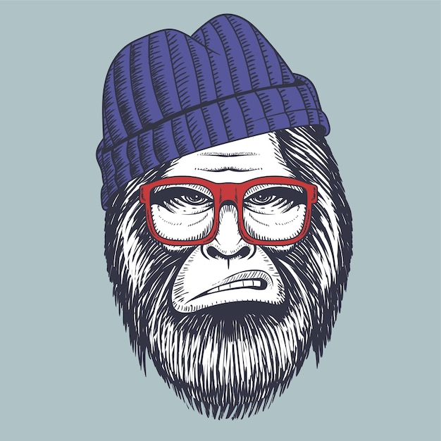 Bigfoot hand drawn wearing a red glasses and beanie