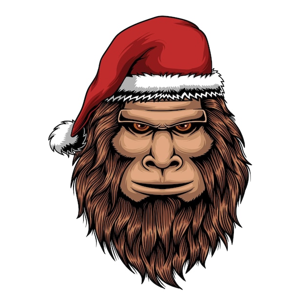 Bigfoot head wearing santa hat vector illustration