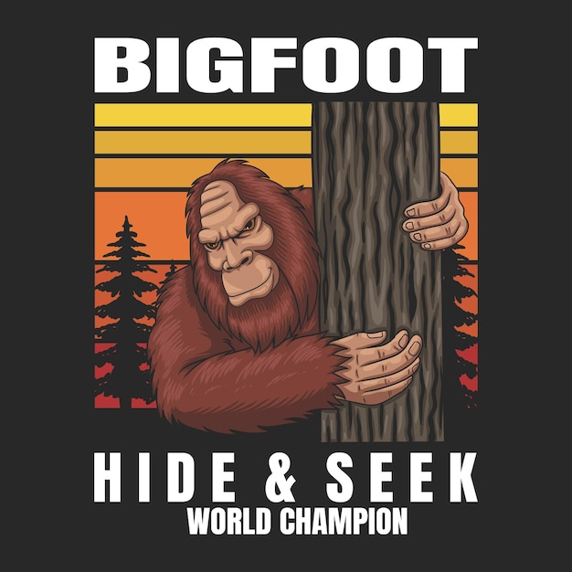 Bigfoot hiding in a tree retro vector illustration