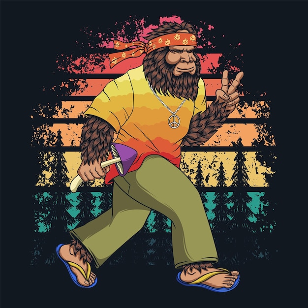 Bigfoot hippie a piedi retrò illustrazione vettoriale