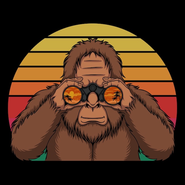 Vector bigfoot looking at the beach with binoculars vector illustration