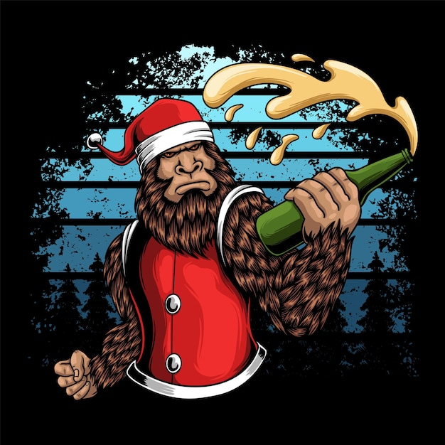 Bigfoot met een bierfles seizoen kerst vectorillustratie