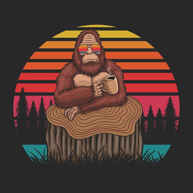 Bigfoot relax drink coffee retro vector illustration