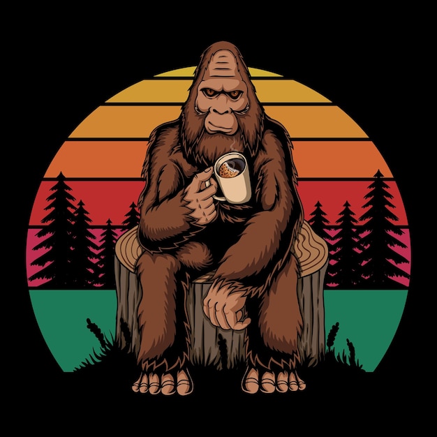 Bigfoot relaxing coffee retro vector illustration