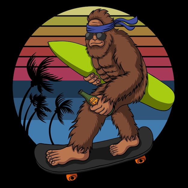 Bigfoot skateboardt naar het strand vectorbeelden