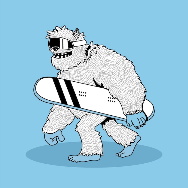 Vector bigfoot snowboarden. yeti snowboarden. wintersport vector karakter illustratie.