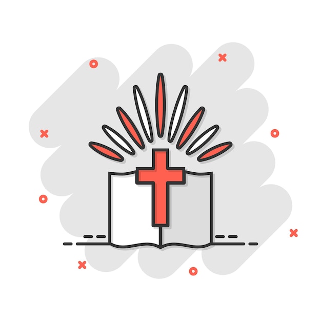 Vector bijbel boekpictogram in komische stijl kerk geloof cartoon vectorillustratie op witte geïsoleerde achtergrond spiritualiteit splash effect bedrijfsconcept