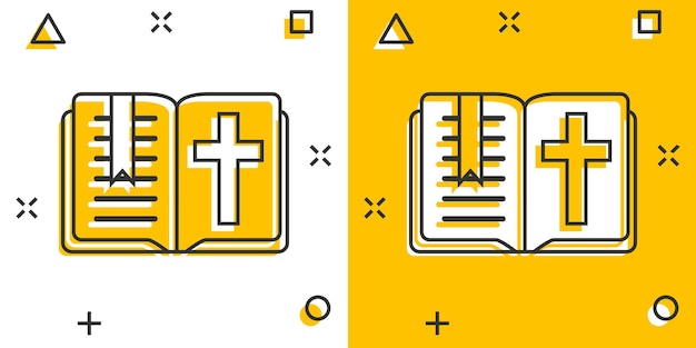 Bijbel boekpictogram in komische stijl kerk geloof cartoon vectorillustratie op witte geïsoleerde achtergrond spiritualiteit splash effect bedrijfsconcept