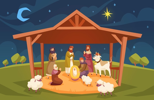 Bijbel scène kerstmis christelijke samenstelling jezus christus geboorte in kribbe baby met magi maagd maria nachtelijke hemel met ster nieuwe testament heilig boek religie vakantie vector cartoon geïsoleerd concept