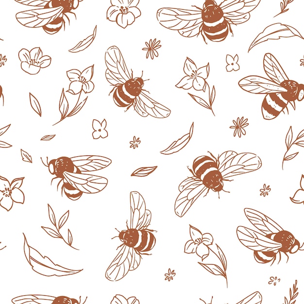 Bijen en bloemen naadloos patroon monochrome vector tekening doodle illustratie