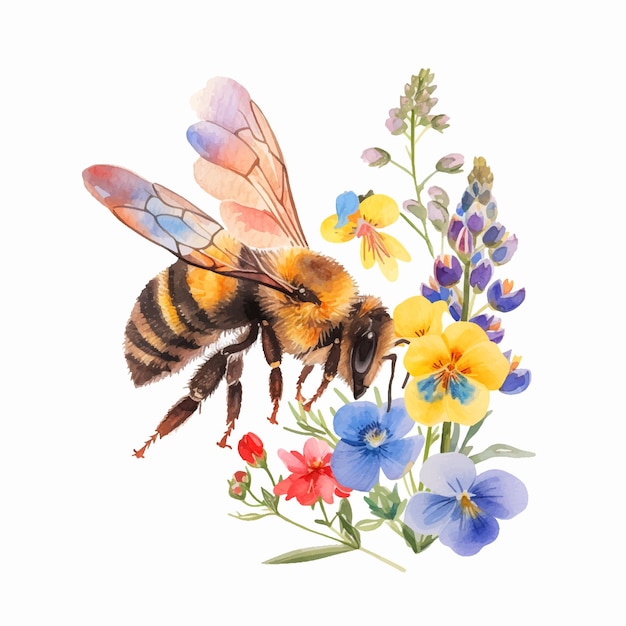 Bijen nemen nectar van bloemen waterverf verf