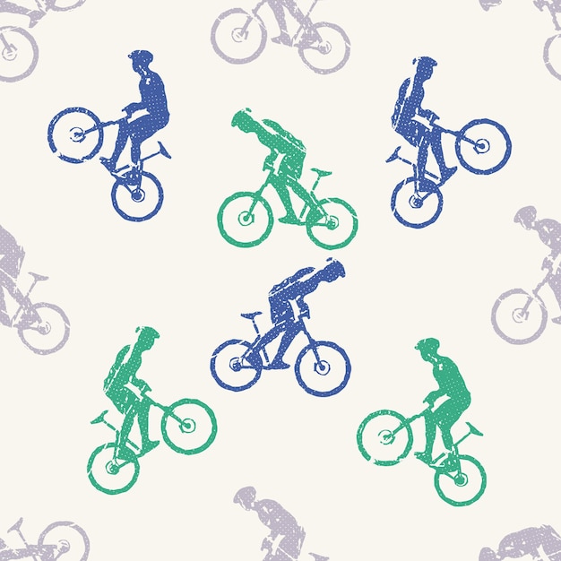 자전거와 바이커 남자 패턴 그림입니다. 창의적이고 스포츠적인 스타일의 이미지
