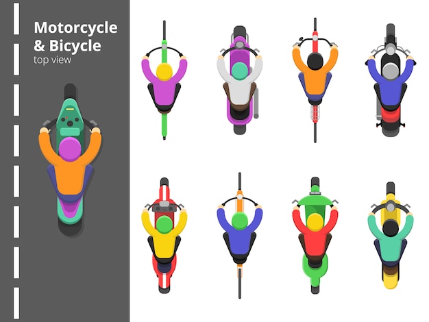 Bike bicycles top. Overhead topping view motorbike fast driving young male driver vector flat pictures