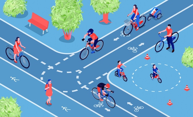 Illustrazione isometrica della città bike friendly