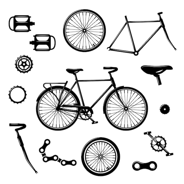 Bike parts. bicycle equipment and components isolated vector set