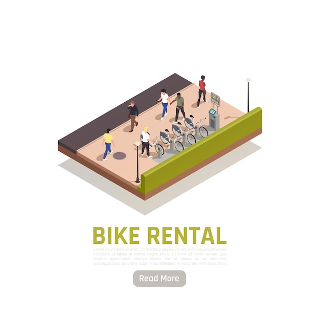 Bike rental isometric composition with some available bicycles for rent at station and cashier machine for payment