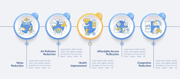 자전거 공유 프로그램 영향 벡터 Infographic 템플릿입니다. 노이즈 프레젠테이션 개요 디자인 요소를 줄입니다. 5단계로 데이터 시각화. 타임라인 정보 차트를 처리합니다. 라인 아이콘이 있는 워크플로 레이아웃