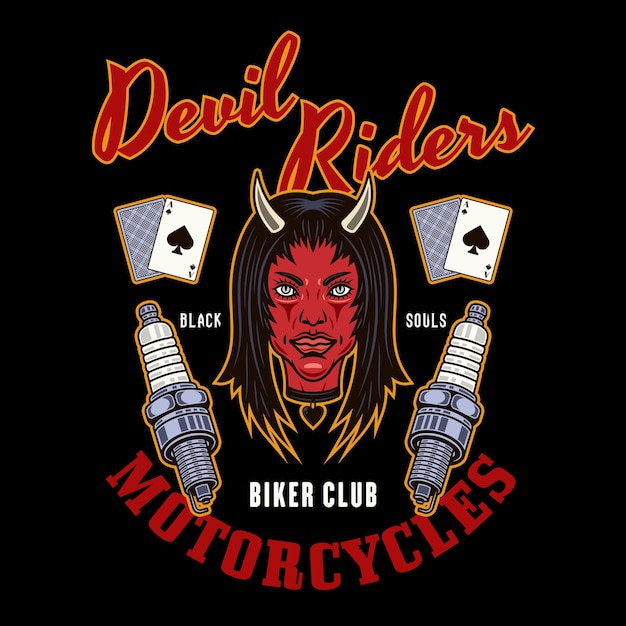 Biker club vector embleem logo badge label sticker of print met duivel meisje hoofd en bougies illustratie in kleurrijke stijl op donkere achtergrond