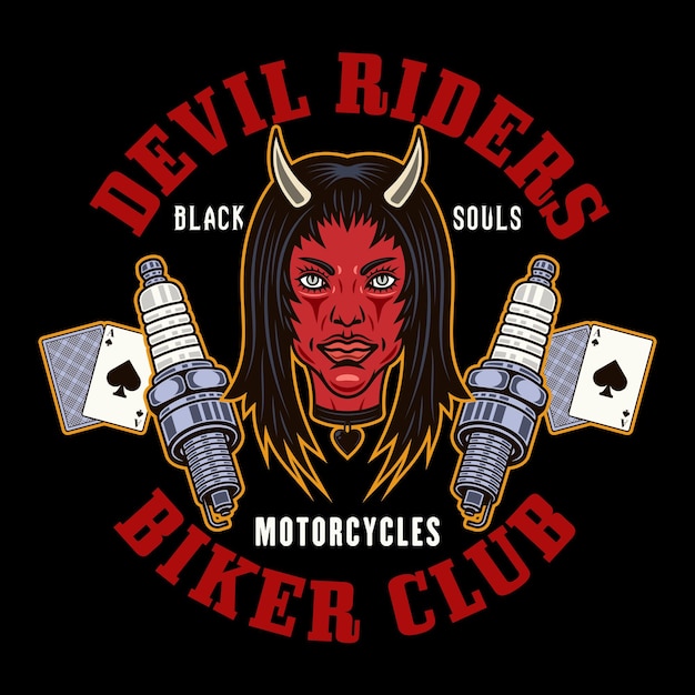 ベクトル バイカー クラブ ベクトル紋章ロゴ バッジ ラベル ステッカーまたは悪魔の女の子の頭と点火プラグのイラストを暗い背景にカラフルなスタイルで印刷します。