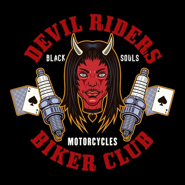 Vector biker club vector emblem logo badge label sticker or print with devil girl head and spark plugs illustration in colorful style on dark background