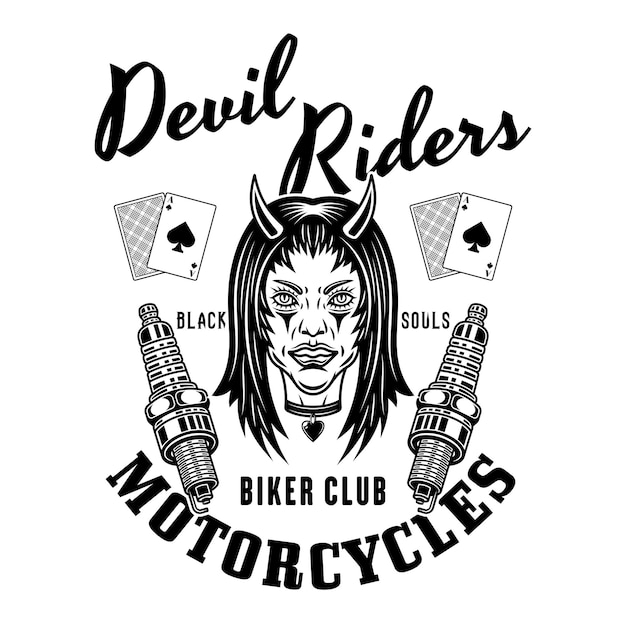 Biker club vector emblem logo badge label sticker or print with devil girl head and spark plugs Illustration in monochrome style isolated on white background