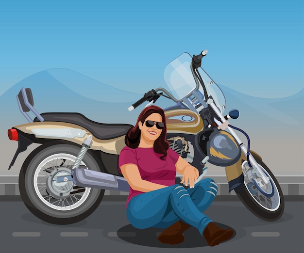 Vector biker girl beautiful girl sitting with motorcycle