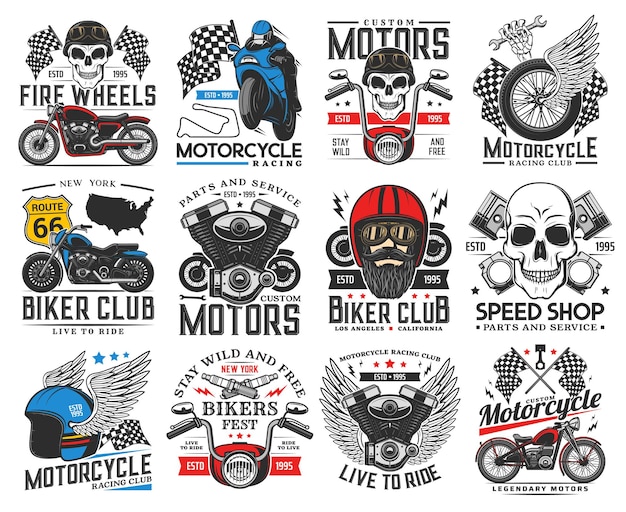 Biker, motorcycle and racing icons. motorsport club, custom\
bikes restoration and repair garage service, spare parts shop,\
bikers festival retro vector emblem. motorcycle engine, human scull\
and wings