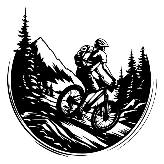 森のベクトルイラストでマウンテンバイクに乗っているバイカー