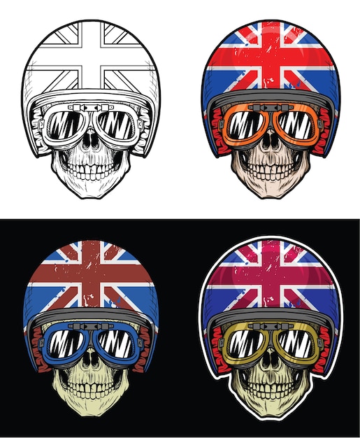 Biker schedel draagbril en grunge britse vlag helm, hand drawing schedel