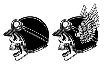 Premium Vector | Biker skull in winged racer helmet.