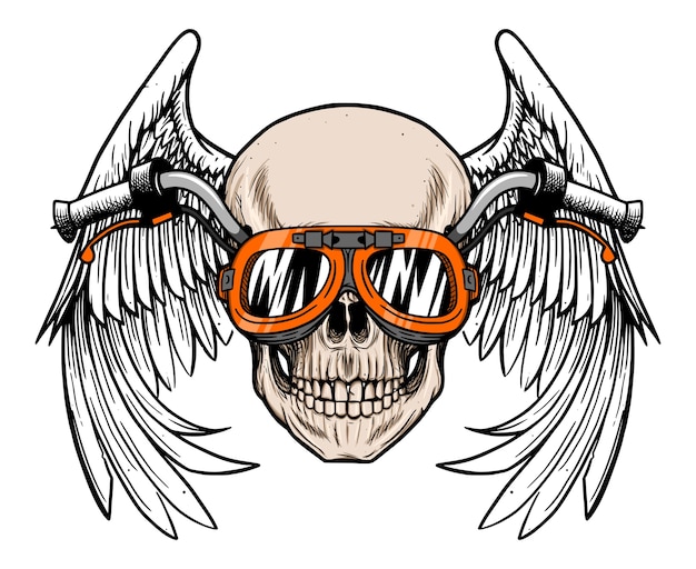 Vector biker skull with handle bar and wing background