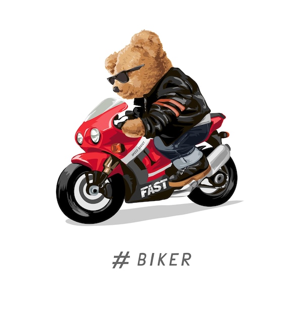 バイカーのスローガンとクマの人形がバイクに乗っているベクトルイラスト