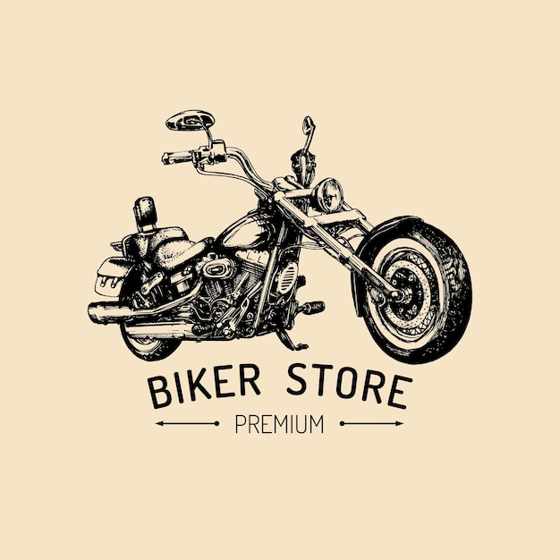 Vector biker store advertising poster vector hand drawn chopper for mc sign label vintage detailed motorcycle illustration