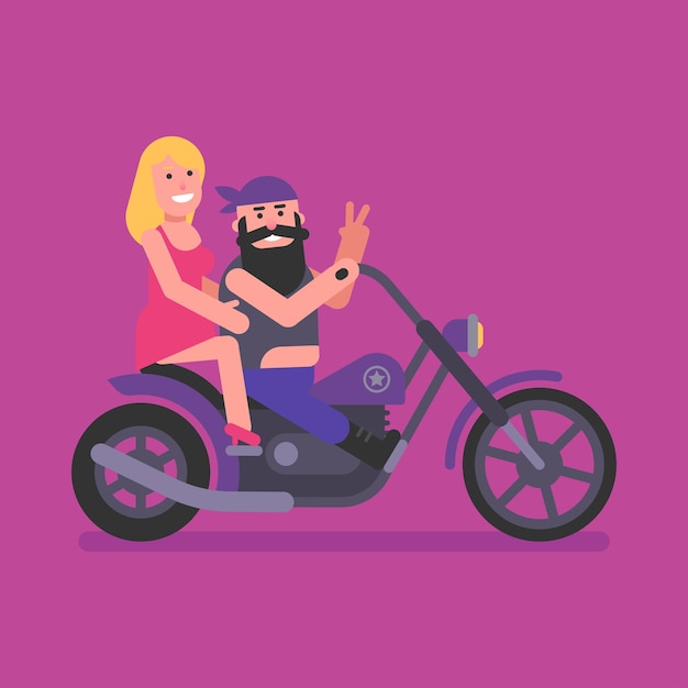 Vector biker with girl sit on motorcycle and smile. flat people. vector illustration